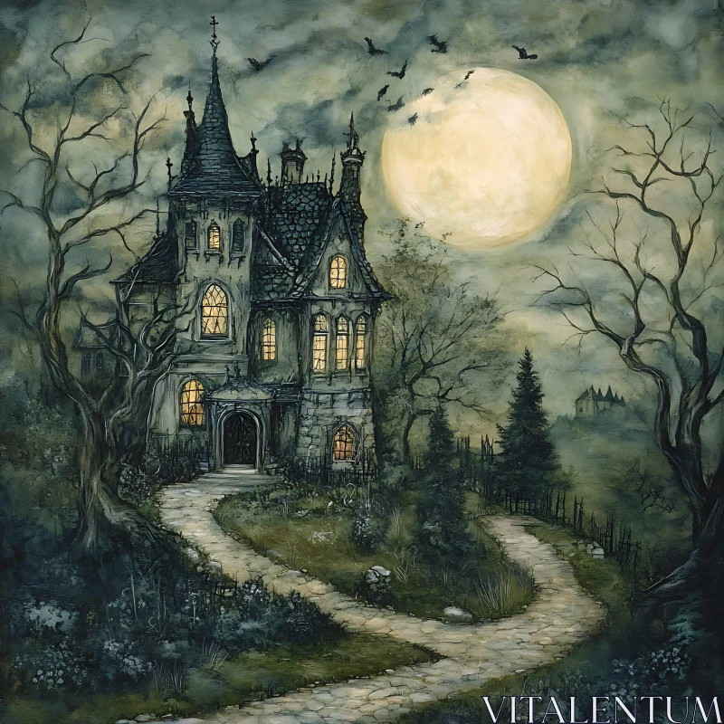 Spooky Gothic House with Full Moon AI Image