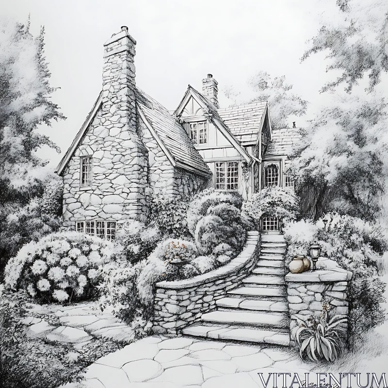 Traditional Stone House with Garden Drawing AI Image