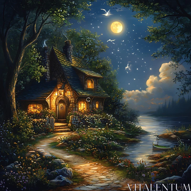 Fairytale Cottage in Moonlit Forest AI Image