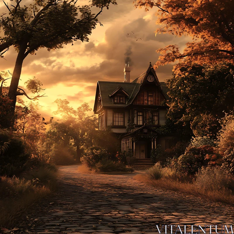 AI ART Charming House in Autumn Landscape at Sunset