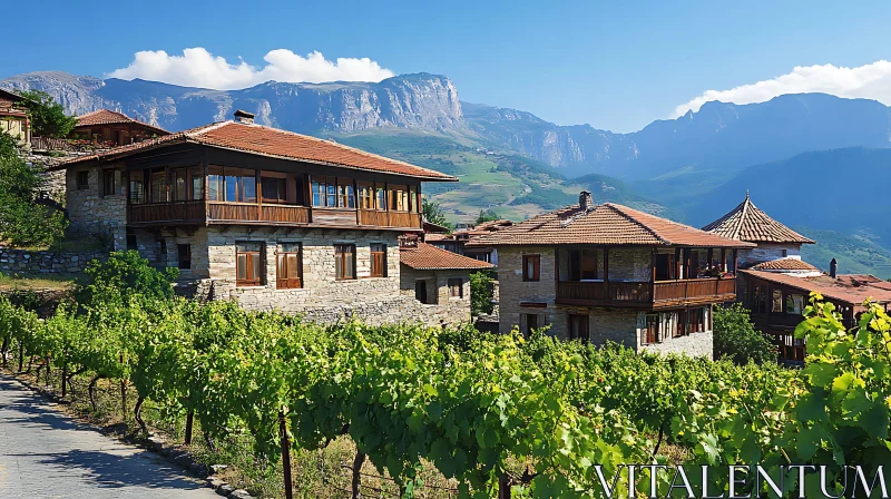 Traditional Village in the Mountains with Scenic Vineyards AI Image