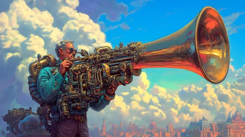 Man with Steampunk Trombone and Cityscape Background