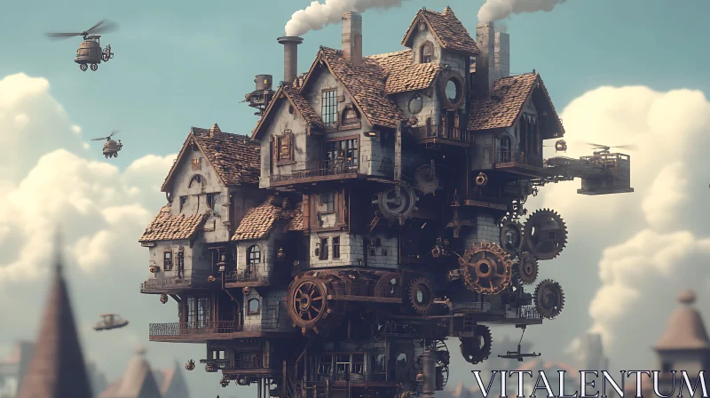 Imaginative Steampunk House with Gears and Mini Helicopters AI Image