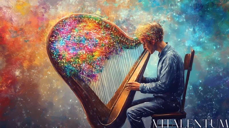 Man Playing a Surreal Harp of Energy AI Image