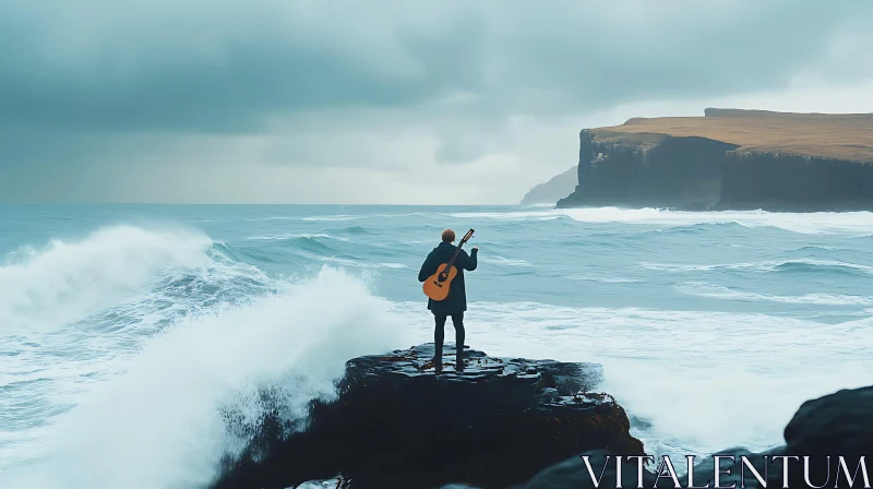 Solitary Musician Facing the Ocean AI Image