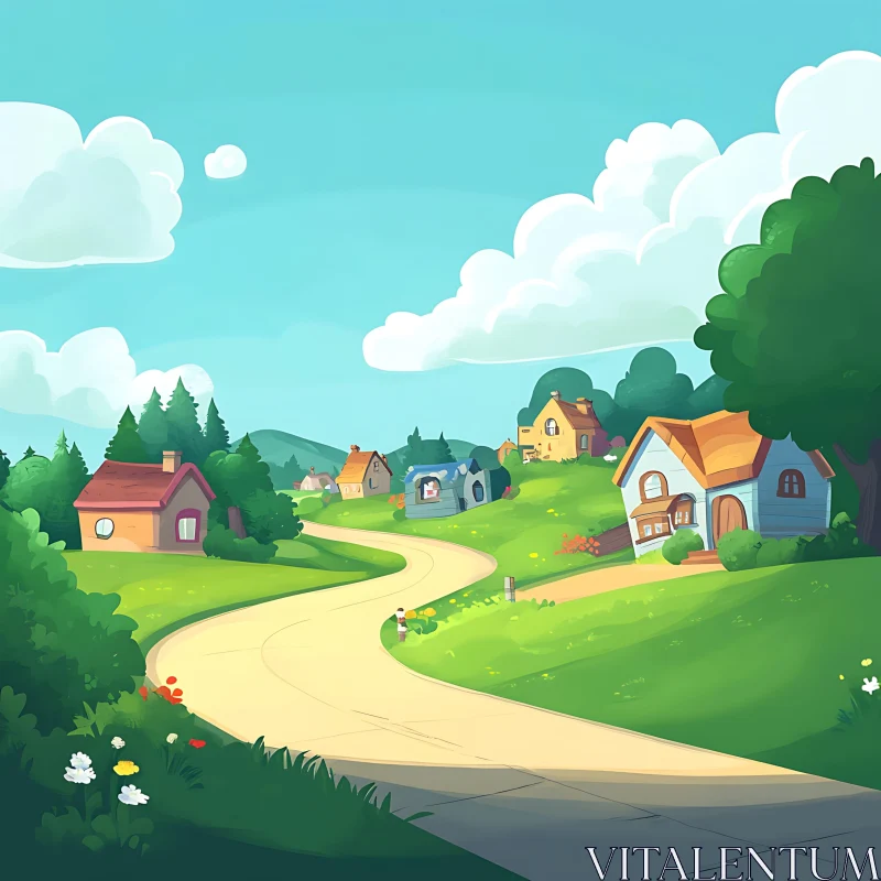 Picturesque Cartoon Village with Winding Pathway AI Image