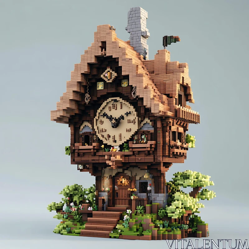 Fantasy Wooden Clock Tower with Garden AI Image