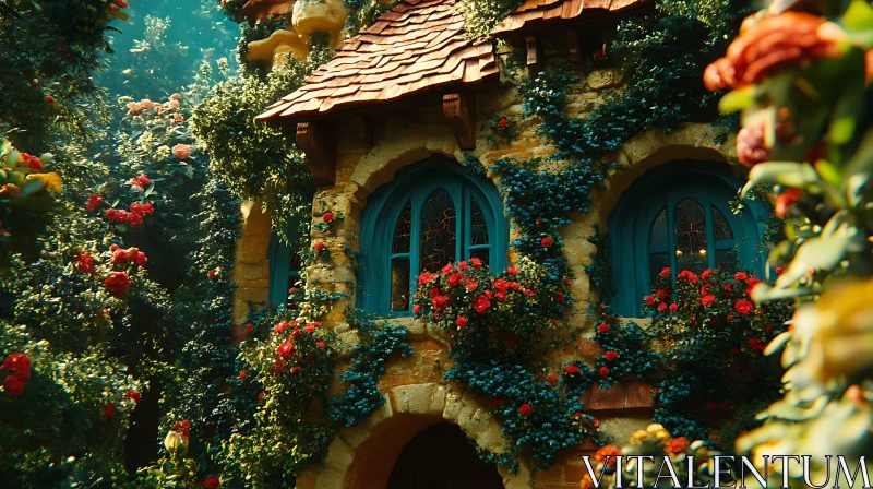 Charming Cottage with Blooming Ivy and Flowers AI Image