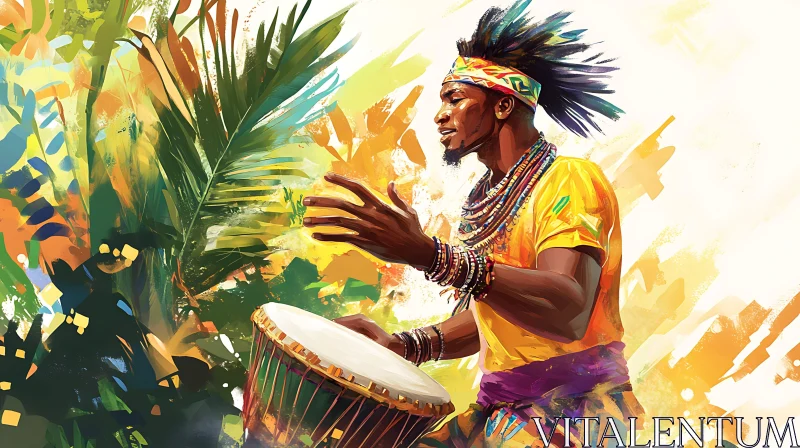 Energetic Jungle Drummer with Colorful Foliage AI Image