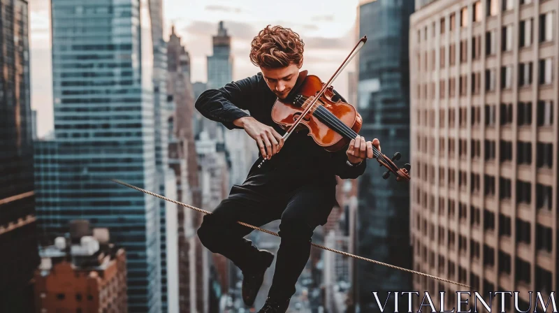 Violinist Balancing on Tightrope Over City Skyline AI Image