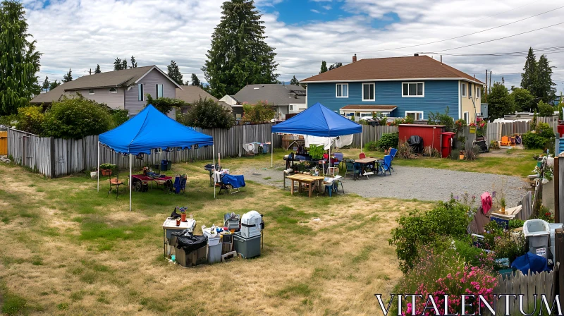 Suburban Neighborhood Backyard Setup with Tents AI Image