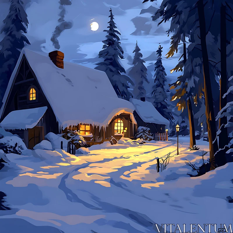 Snowy Cabin at Night Amidst Winter Woods AI Image