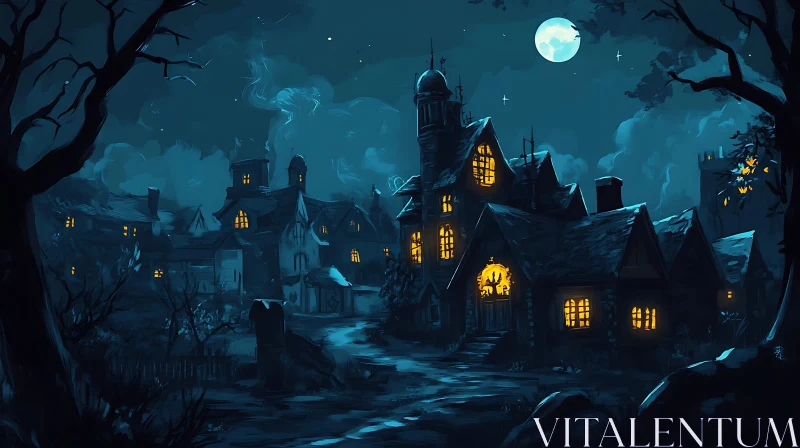 Spooky Nighttime Village Scene AI Image