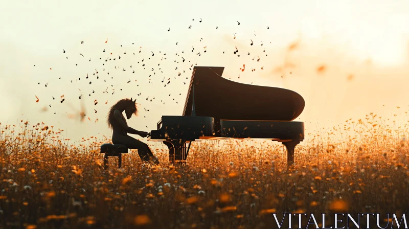 Ethereal Horse-Headed Pianist in an Enchanted Sunset Field AI Image