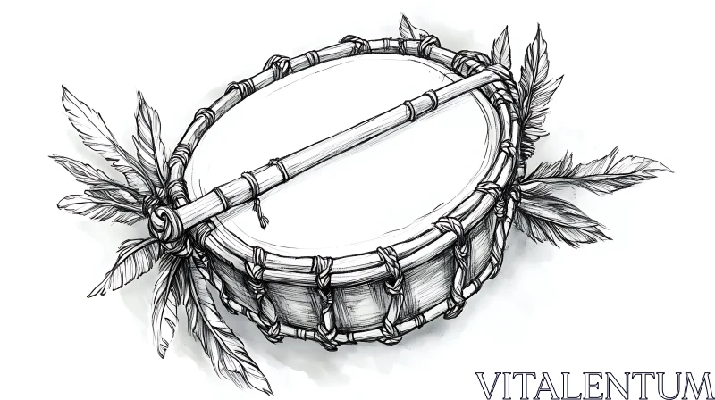 Rustic Hand Drum with Ornamental Feathers AI Image