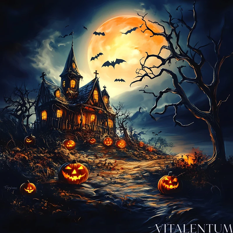 AI ART Eerie Moonlit Haunted House with Pumpkins