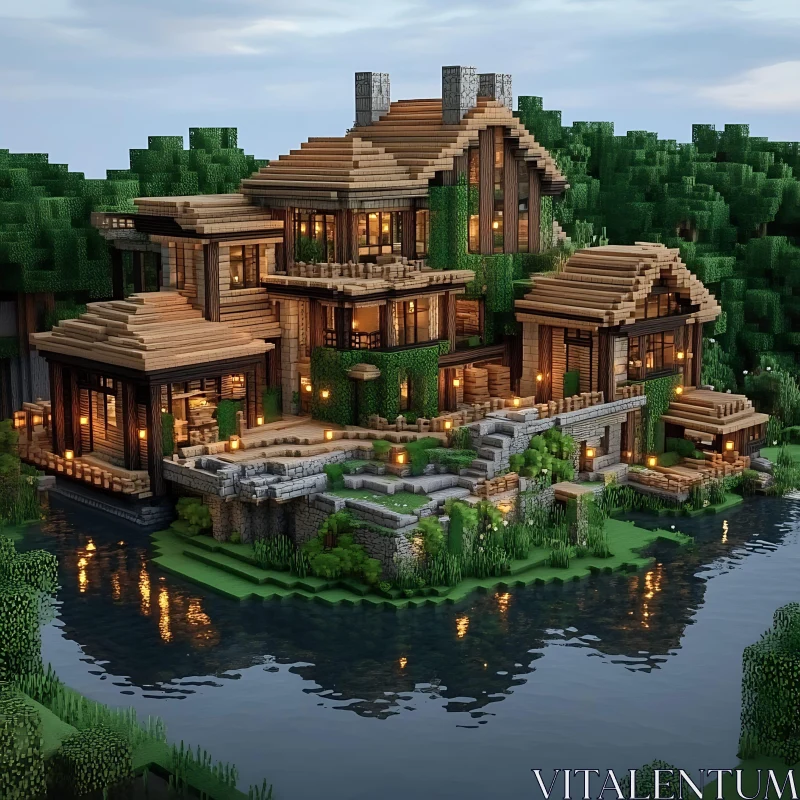 Tranquil Minecraft-Style Wooden House by the Lake AI Image