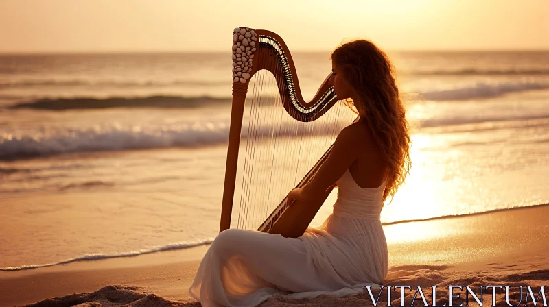 Harp Music by the Sea During Sunset AI Image