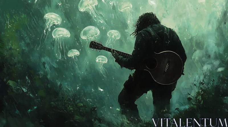 Underwater Guitarist with Luminous Jellyfish AI Image