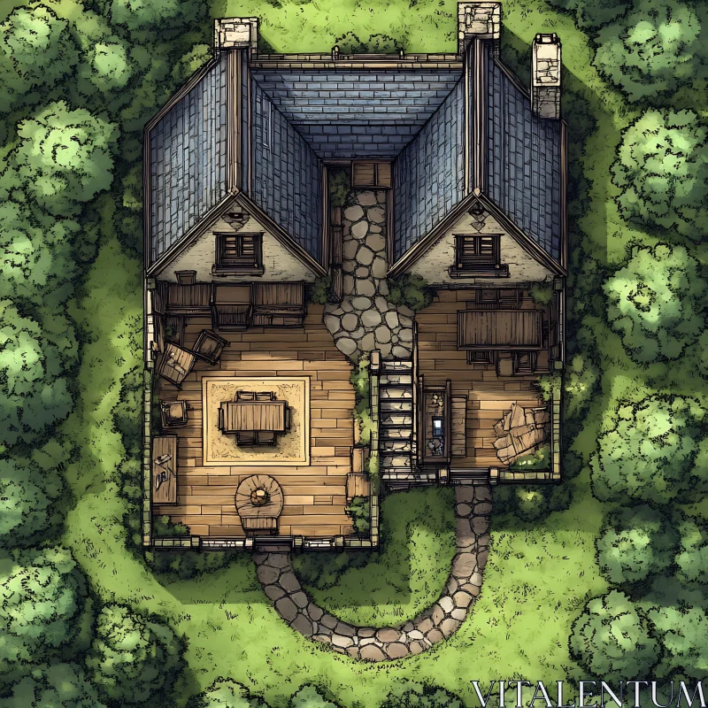 Rustic Cabin Surrounded by Greenery AI Image