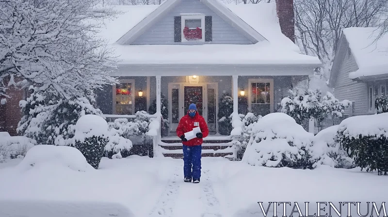 Winter Scene: Mail Delivery Amidst Heavy Snowfall AI Image