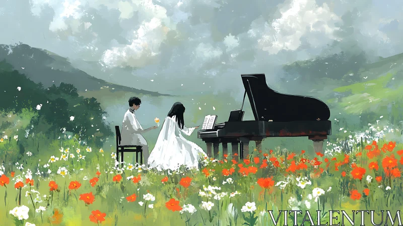 Peaceful Piano Art in Floral Landscape AI Image