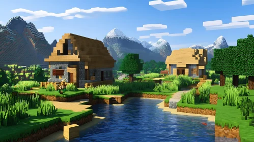 Pixelated Minecraft Landscape with Village and River