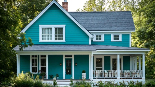 Beautiful Blue House with Front Porch Surrounded by Greenery