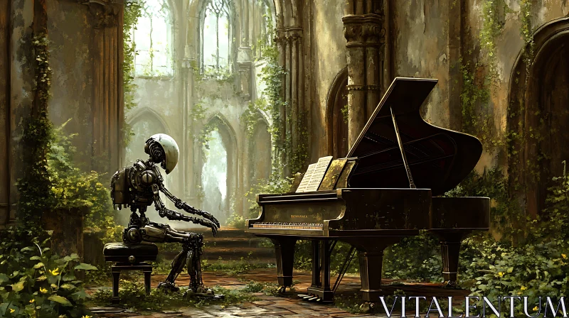 AI ART Cyborg Pianist in Overgrown Cathedral