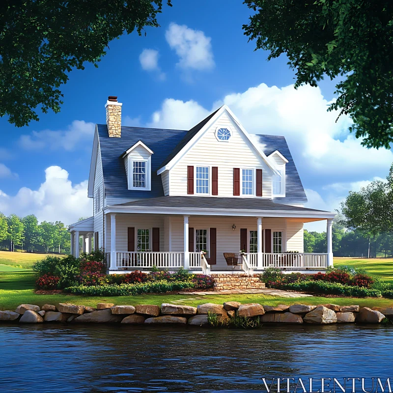 Idyllic Lakeside House with Porch and Flowerbeds AI Image