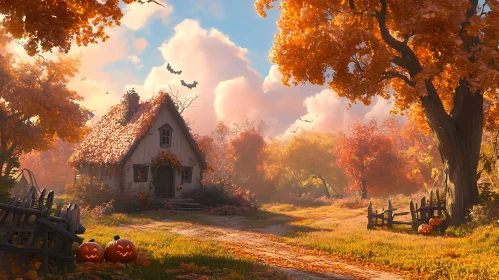 Charming Autumn Cottage with Jack-o'-Lanterns