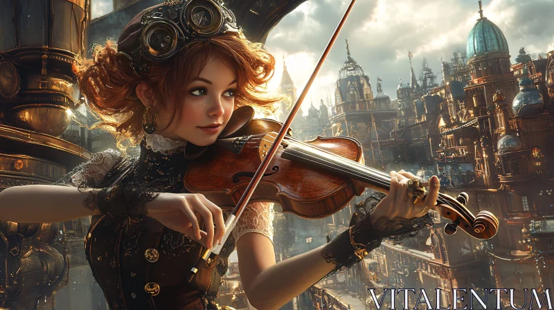 Steampunk Violinist in Historical Futuristic City AI Image