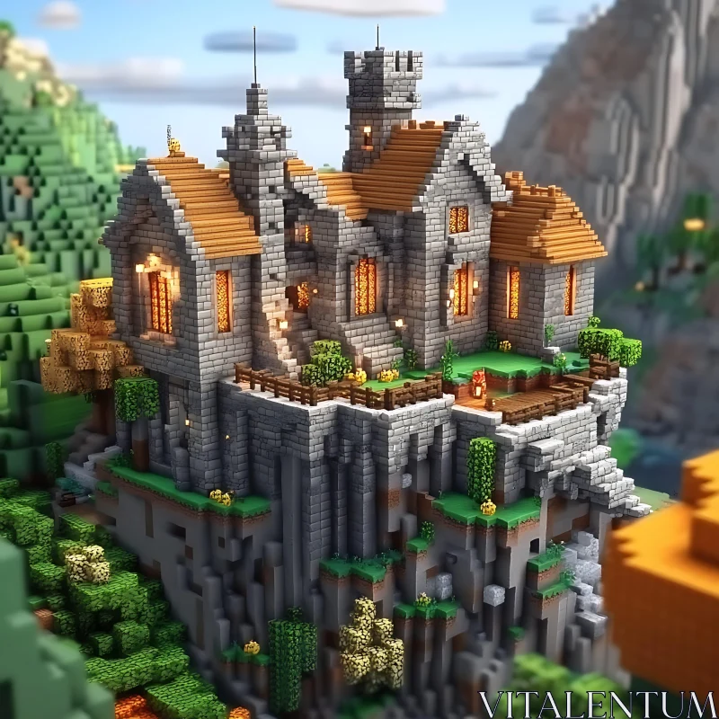 Fantasy Blocky Castle in Minecraft Landscape AI Image