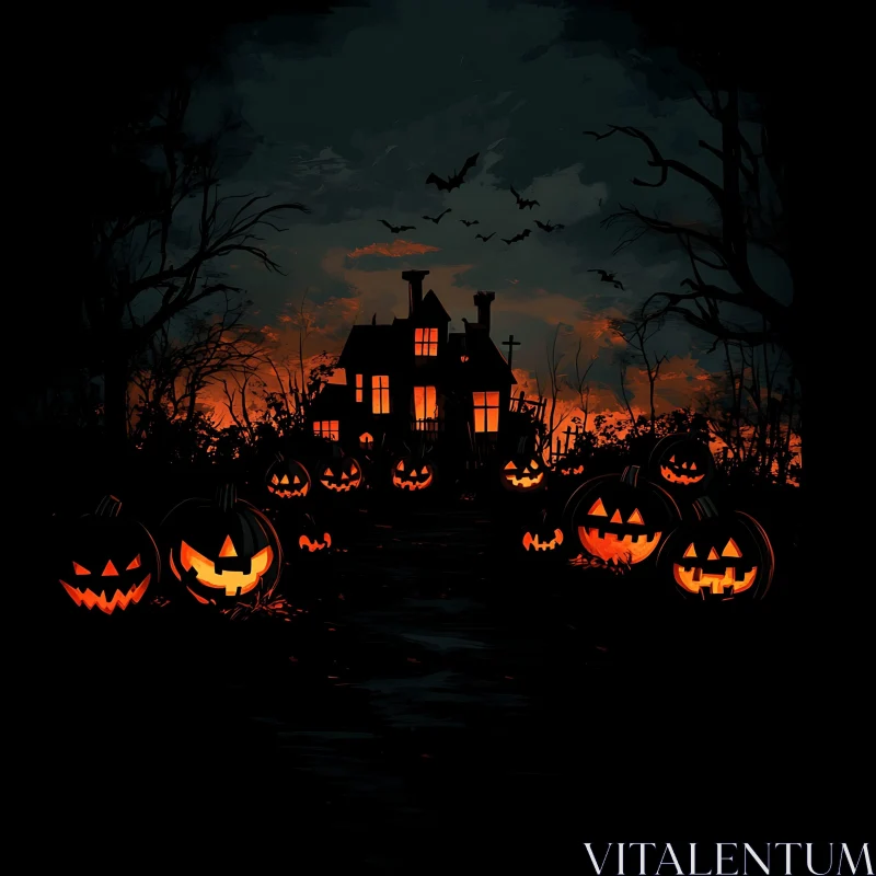 Spooky Halloween Scene with Haunted House AI Image