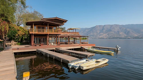 Lakeside Retreat with Boats and Mountain Scenery