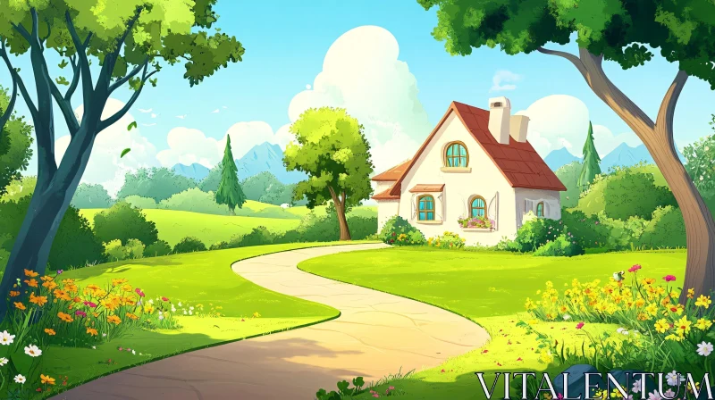 Idyllic Cottage with Blooming Garden AI Image