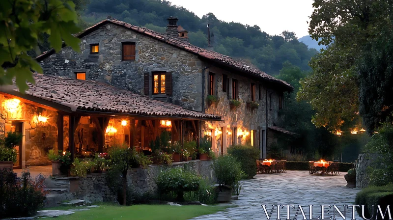 Stone House Patio at Dusk AI Image