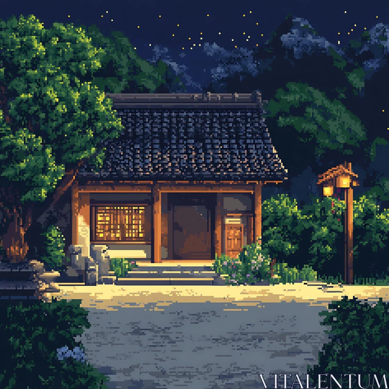 AI ART Japanese House at Night in Pixel Art