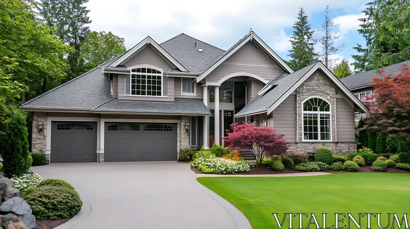 Elegant Home with Grey Siding and Manicured Lawn AI Image