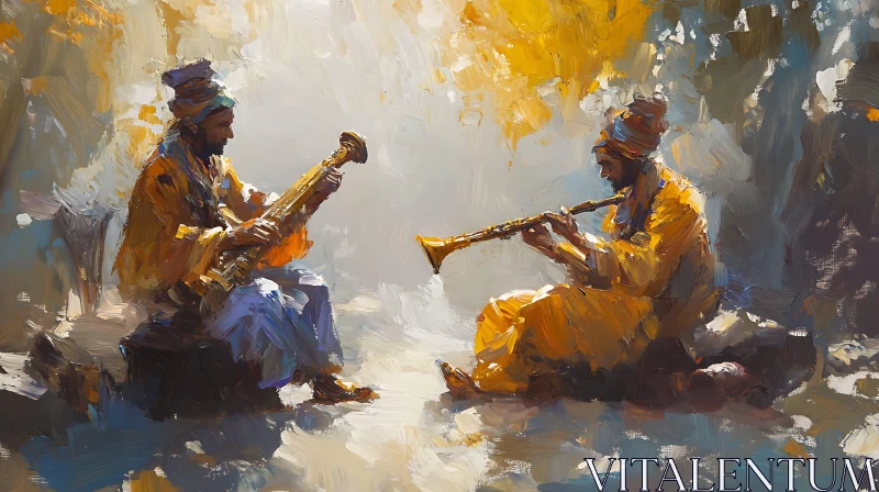 Painting of Musicians in Traditional Garments AI Image