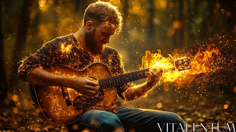 Fiery Guitarist in Mystical Forest AI Image