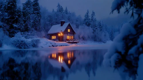 Peaceful Snowy Cabin at Twilight