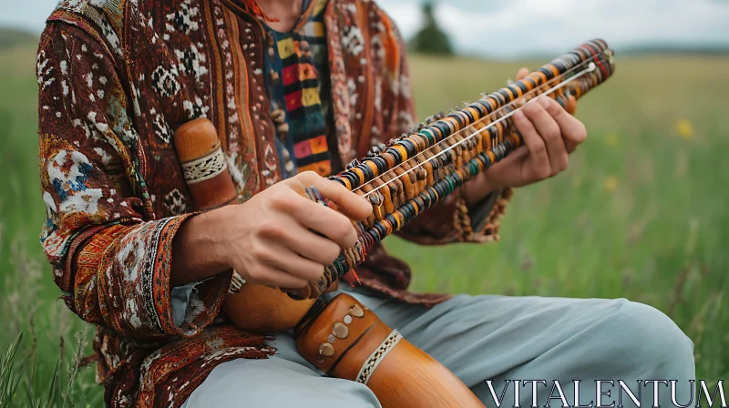 Musician Playing Traditional Instrument in Field AI Image