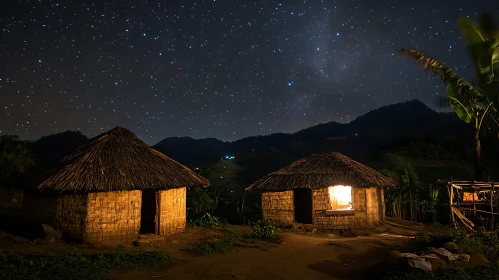 Tranquil Village Night: Huts Illuminated Under Stars