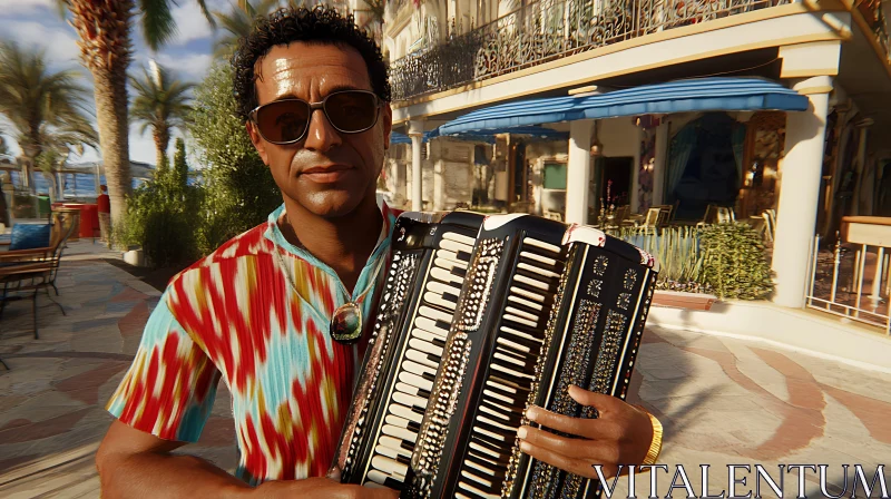 AI ART Sunny Day with Accordion Player at Tropical Café