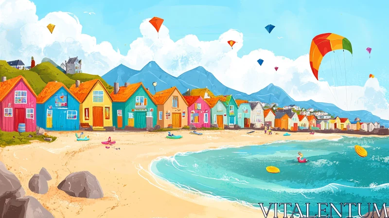 AI ART Colorful Coastal Cottages with Kites