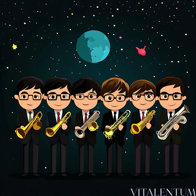 Animated Musicians in Suits with Instruments AI Image