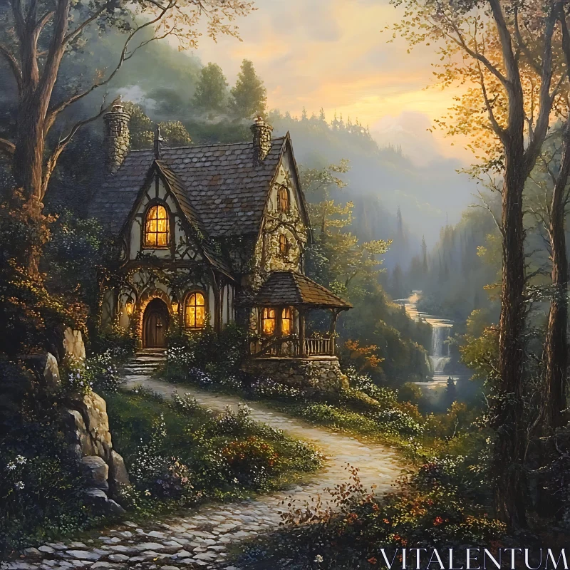 Cozy Cottage Amidst Forest and Waterfall AI Image