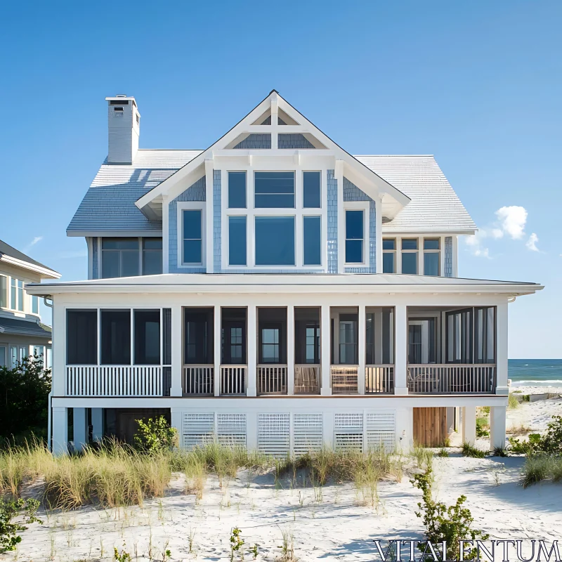 Modern Coastal Home Featuring Large Windows and Screened Porch AI Image