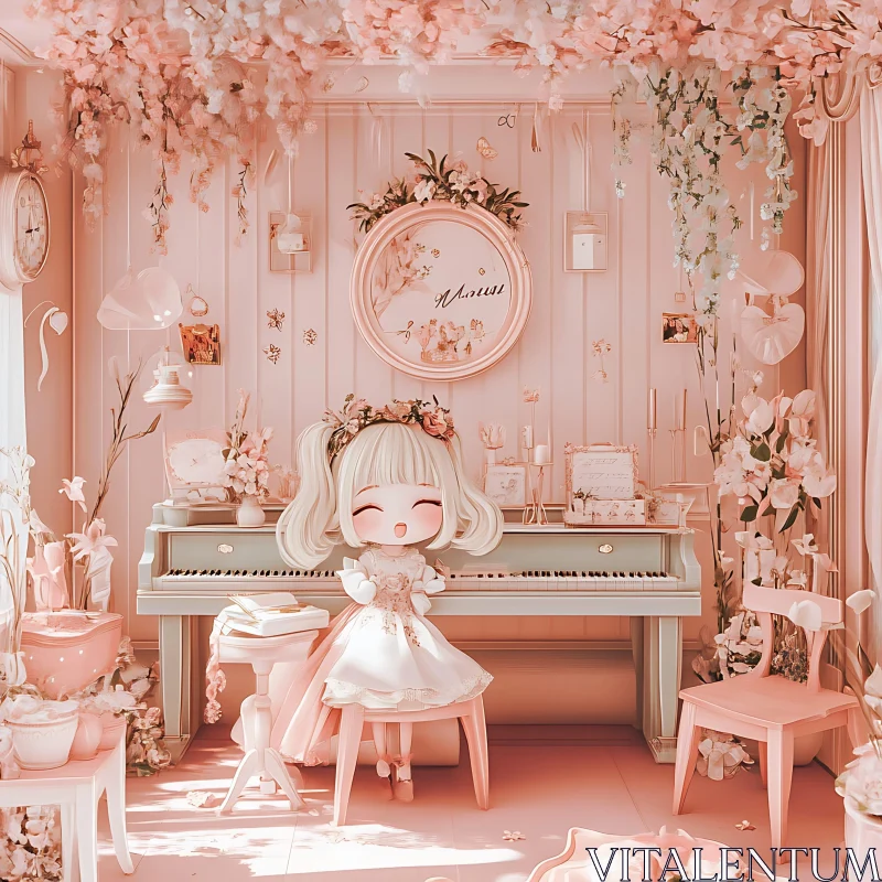 AI ART Cute Cartoon Character in Floral Piano Room